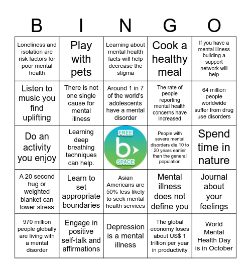 Mental Health Facts and Self-Care Ideas Bingo Card