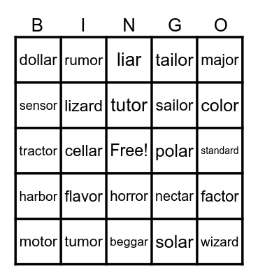 Lesson 111:  -ar, -or /er/ Bingo Card