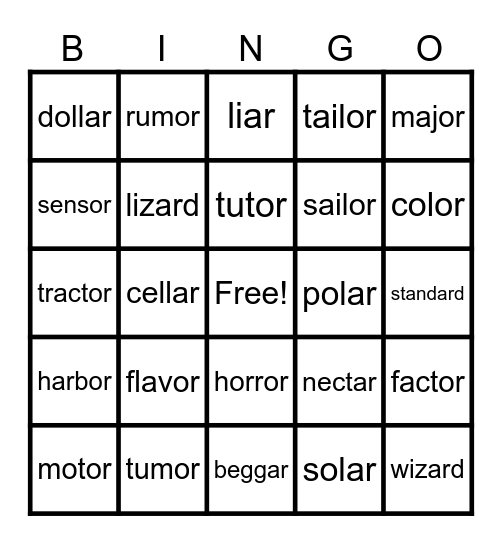Lesson 111:  -ar, -or /er/ Bingo Card