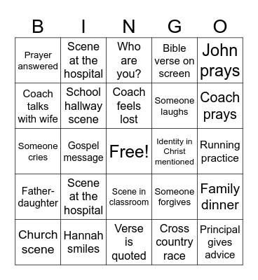Overcomer Movie Bingo Card