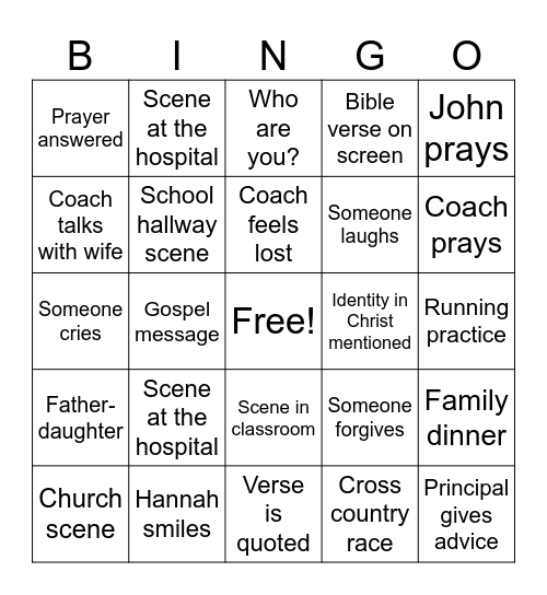Overcomer Movie Bingo Card
