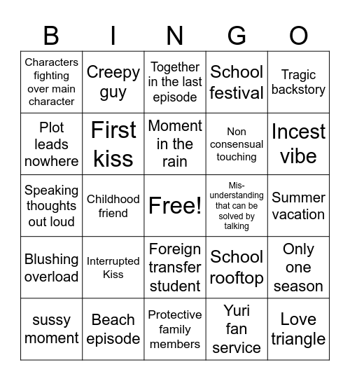 Anime Bingo Card