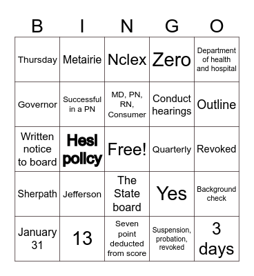 PN 134 Board Law & Course Info Bingo Card