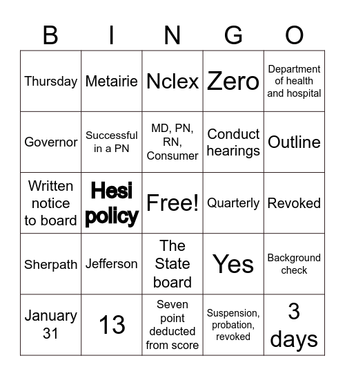 PN 134 Board Law & Course Info Bingo Card
