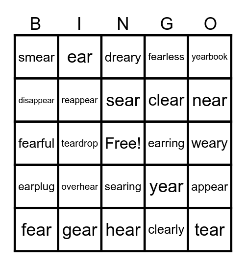 Lesson 113: ear /ear/ Bingo Card