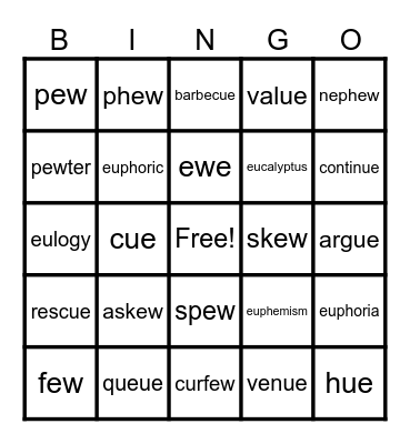Alternate Lond U: can be spelled ew, eu, ue and ou spells /ū// Bingo Card