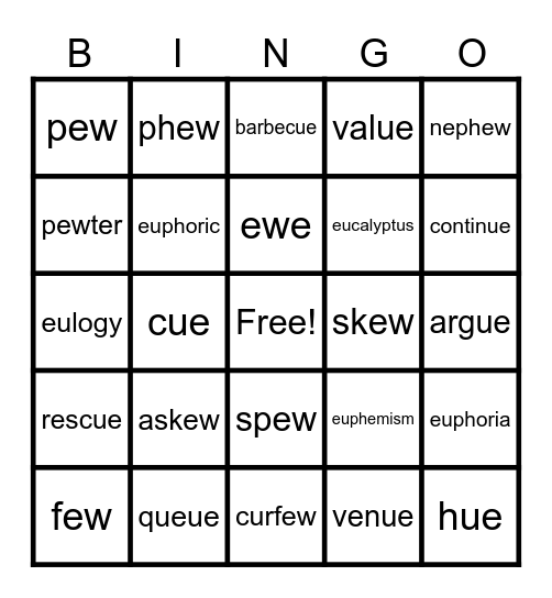 Alternate Lond U: can be spelled ew, eu, ue and ou spells /ū// Bingo Card