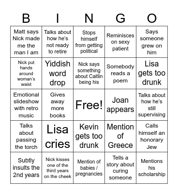 Nick Retirement Party Bingo Card