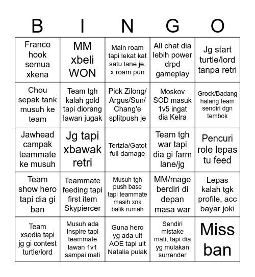 MLBB Dark Sistem Bingo Card