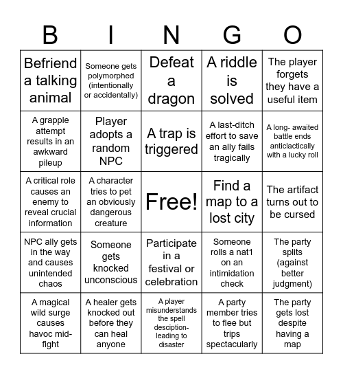 Dungeons And Dragons Bingo Card