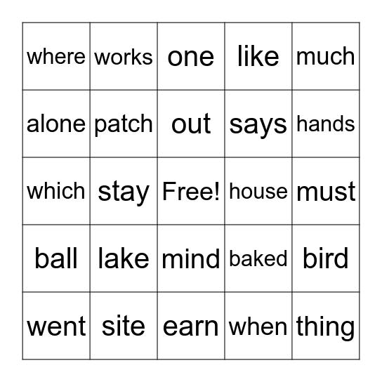 Spelling Word Bingo Card