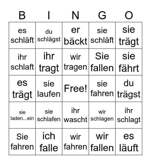 a zu ä Vokalwechsel in dem Präsens Bingo Card