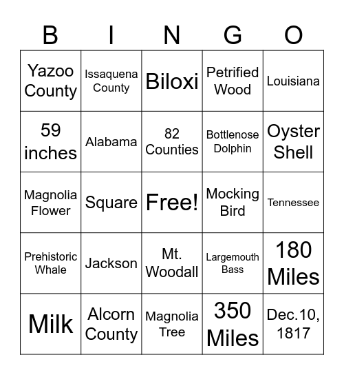 Mississippi Bingo Card