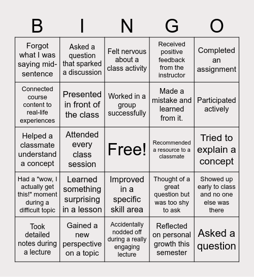 Basic English Class Bingo Card