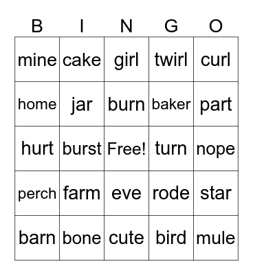 CVCe and R combos Bingo Card