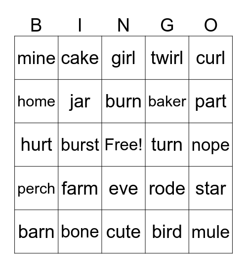 CVCe and R combos Bingo Card