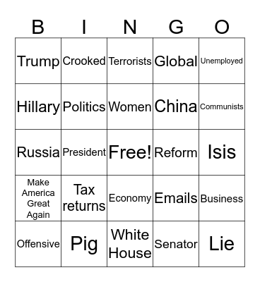 2016 Presidential Debate Bingo Card
