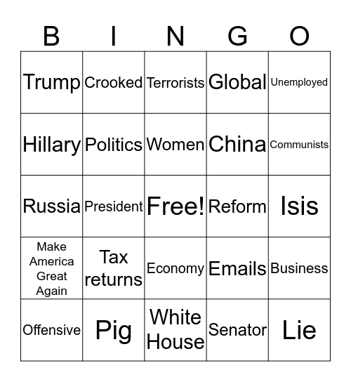 2016 Presidential Debate Bingo Card