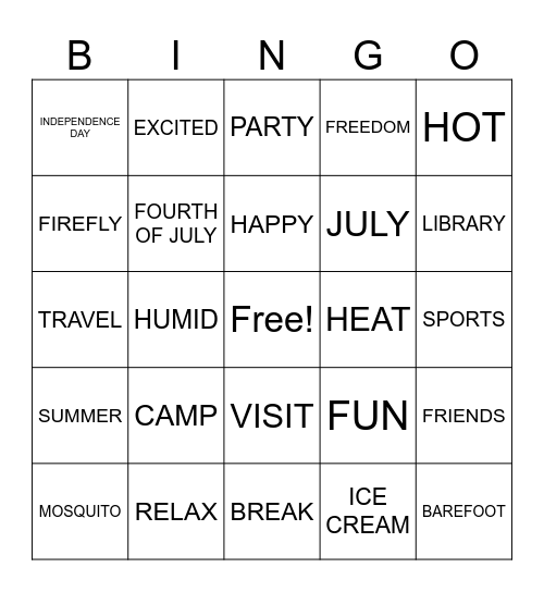 Summertime Bingo Card