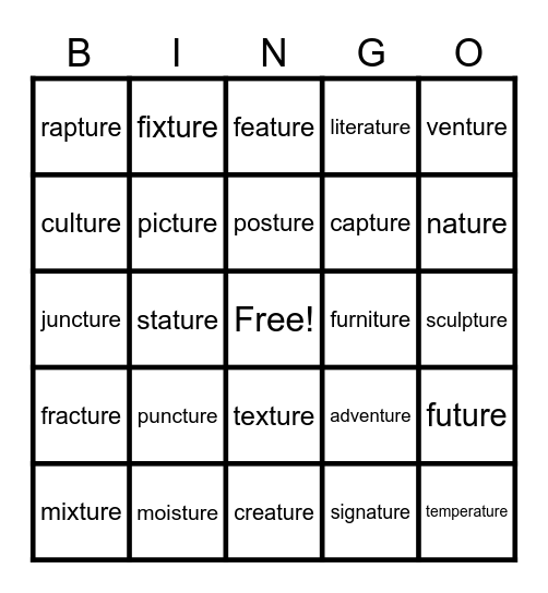 Lesson 120: -ture (final stable syllable) Bingo Card