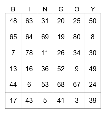 Number Bingo Card