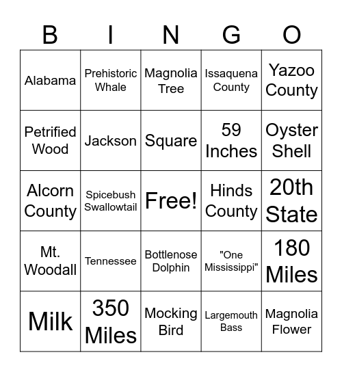 Mississippi Bingo Card