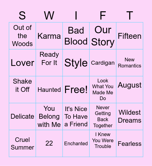 Taylor Swift Bingo Card