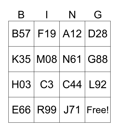 Afterschool Bingo Card