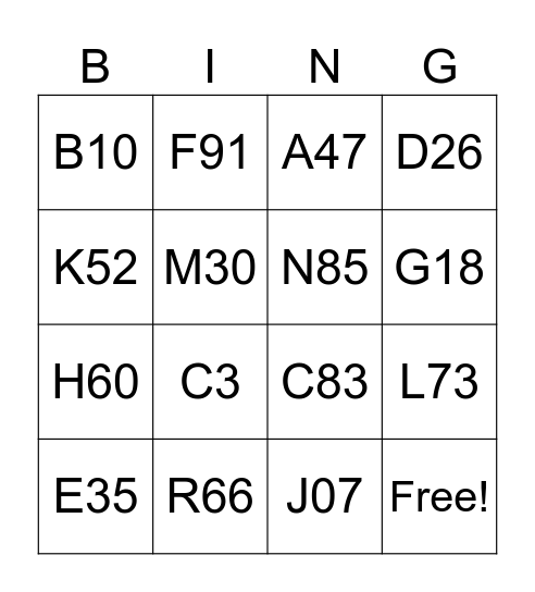 Afterschool Bingo Card