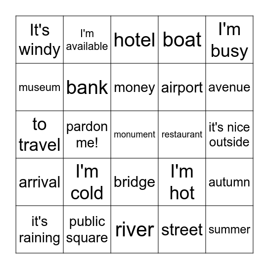 unité 8 Bingo Card