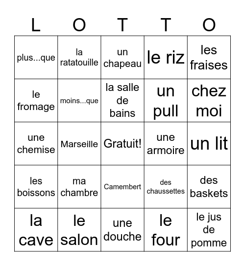 Nourriture/Maison Bingo Card