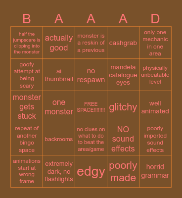 Bad Rec Room horror game Bingo Card