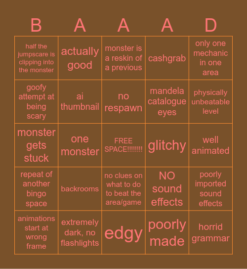 Bad Rec Room horror game Bingo Card