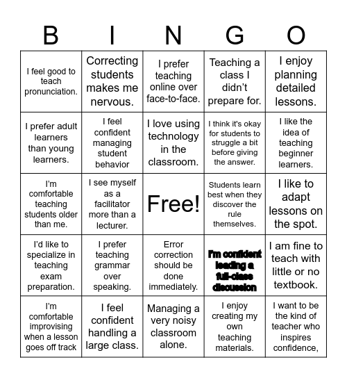 LINE UP YOUR TEACHING STYLE Bingo Card