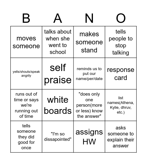 Bano bingo Card