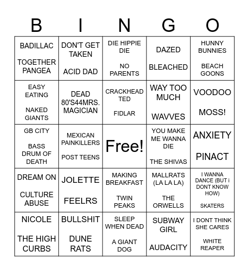 SF PUNK BINGO ROUND 2- SUMMER PUNK Bingo Card