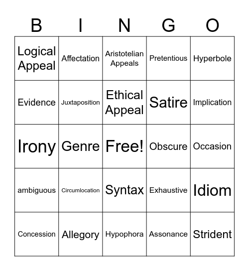 AP Lang Vocab Review Bingo Card