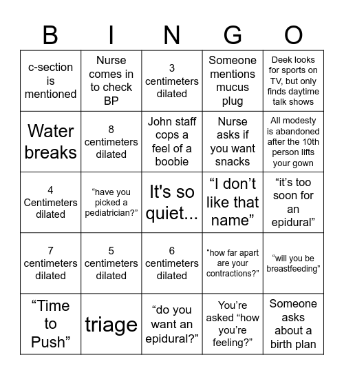 Maternity Ward Bingo Card