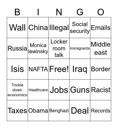 Presidential Debate Bingo 2016 Bingo Card