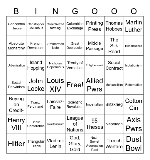 World History Review Bingo Card