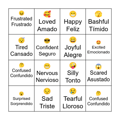Emotions/Feelings Emoji Bingo- English & Español Bingo Card