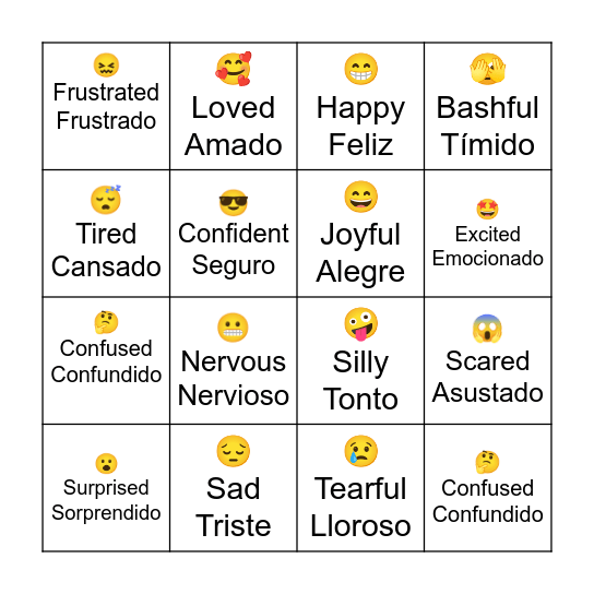 Emotions/Feelings Emoji Bingo- English & Español Bingo Card