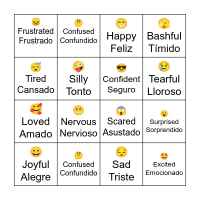 Emotions/Feelings Emoji Bingo- English & Español Bingo Card
