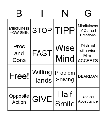 DBT Skills Bingo Card