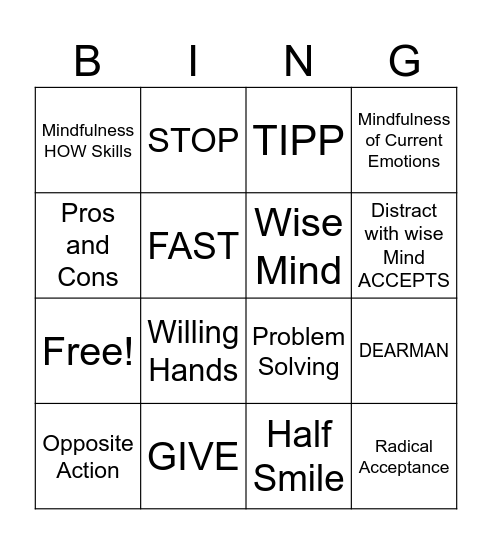DBT Skills Bingo Card