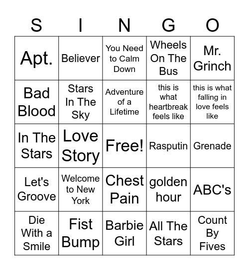 Class Singo Bingo Card