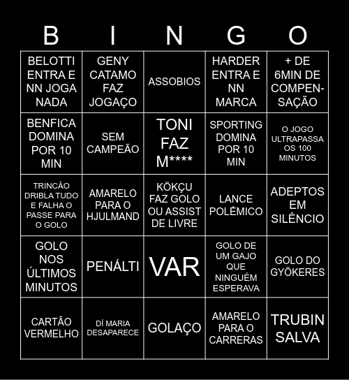 BENFICA VS SPORTING Bingo Card