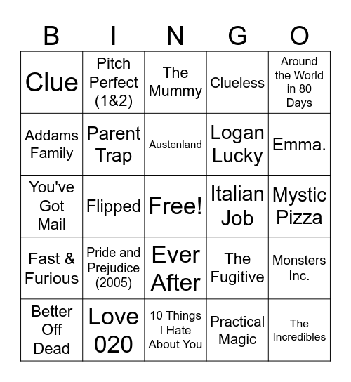 Annika's Comfort Movies Bingo Card
