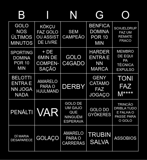 BENFICA VS SPORTING Bingo Card
