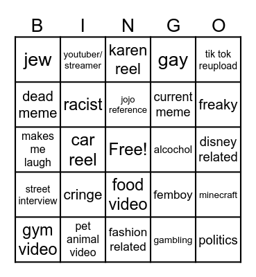 Instagram reel bingo Card
